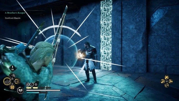 Kontynuuj walkę aż do momentu w którym platforma zacznie zjeżdżać w dół - w tym momencie Basim będzie mógł blokować pociski swoją bronią (co można zauważyć na powyższym obrazku), więc warto przejść do walki wręcz - Assassins Creed Valhalla: Stróż brata swego / A Brothers Keeper - solucja - Assassins Creed Valhalla - poradnik do gry