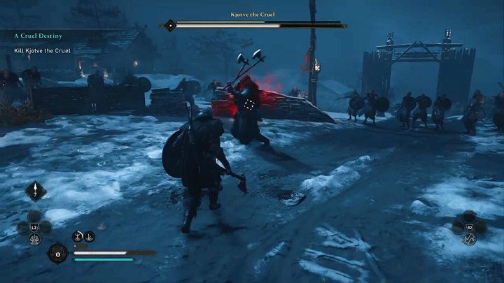 Gdy dookoła Kjotve zauważysz czerwoną aurę i uniesie on swoje topory do góry oznacza to, że za chwilę wykona zamaszysty atak na wysokości tułowia - Assassins Creed Valhalla: Kjotve Okrutny/Kjotve the Cruel - boss, jak pokonać? - Assassins Creed Valhalla - poradnik do gry
