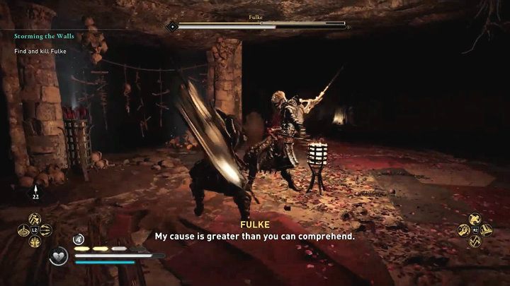 Zdecydowana większość specjalnych ataków Fulke sygnalizowana jest żółtym rozbłyskiem runy - możesz je sparować lub zablokować, by wytrącić przeciwnika z równowagi i wyrządzić nieco obrażeń ogłuszających - Assassins Creed Valhalla: Fulke - boss, jak pokonać? - Assassins Creed Valhalla - poradnik do gry