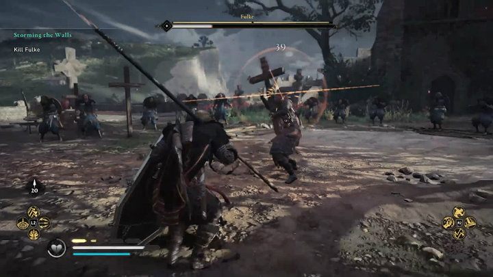 Gdy walka przeniesie się na plac przed kościołem Fulke będzie walczyć sporych rozmiarów drewnianym krzyżem - Assassins Creed Valhalla: Fulke - boss, jak pokonać? - Assassins Creed Valhalla - poradnik do gry