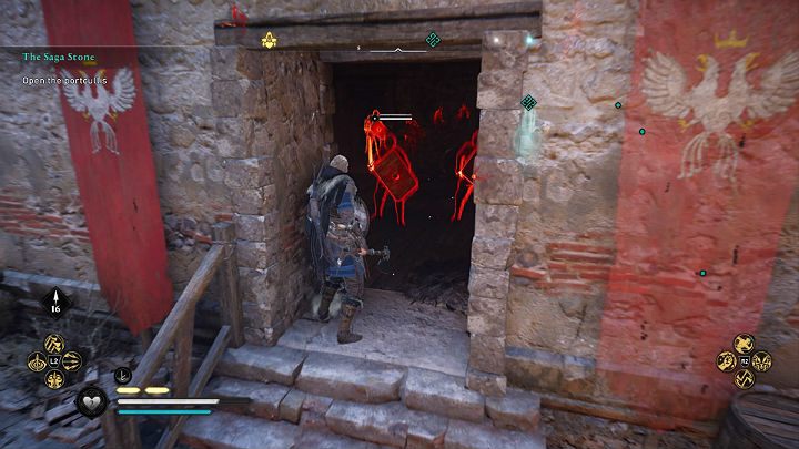 Następnie zejdź schodami po lewej lub po prawej stronie i wejdź do pomieszczenia z mechanizmem obsługującym kratę - Assassins Creed Valhalla: Kamień Sagi/The Saga Stone - solucja, opis przejścia - Assassins Creed Valhalla - poradnik do gry