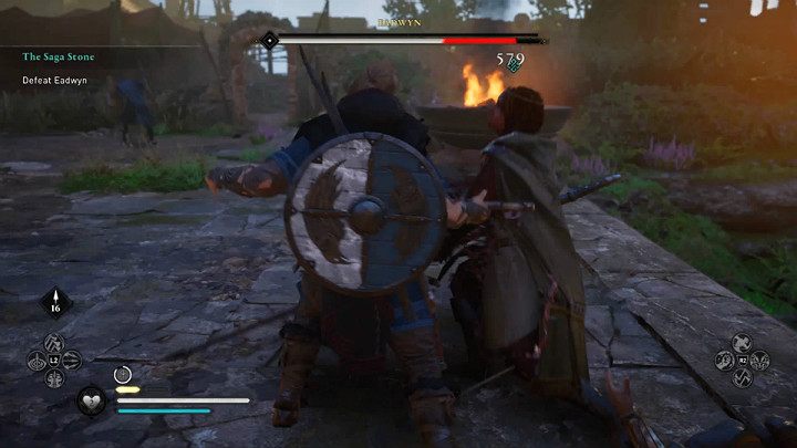 Gdy przeciwnik zostanie ogłuszony będziesz mógł wyprowadzić potężny atak, który mocno nadwątli zdrowie bossa - Assassins Creed Valhalla: Kamień Sagi/The Saga Stone - solucja, opis przejścia - Assassins Creed Valhalla - poradnik do gry