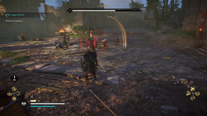 Uważaj jednak na czerwony rozbłysk runy i potężny atak zza głowy - tego ciosu nie da się zablokować więc musisz być przygotowany na zrobienie uniku - Assassins Creed Valhalla: Kamień Sagi/The Saga Stone - solucja, opis przejścia - Assassins Creed Valhalla - poradnik do gry