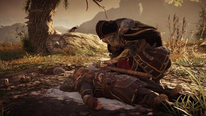 W trakcie walki Barid odłączył się od grupy, ale znajdziecie go pod dużym drzewem, niestety w bardzo złym stanie - po chwili mężczyzna umrze - AC Valhalla Gniew Druidów: Pod pozorem dyplomacji - solucja - Assassins Creed Valhalla - poradnik do gry