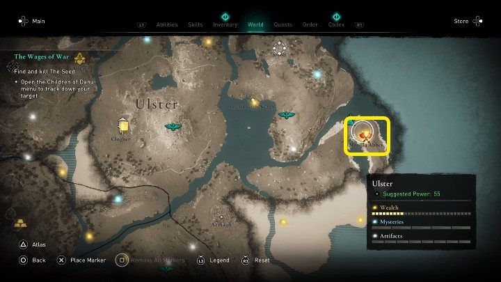 Pierwszą wskazówkę znajdziecie w opactwie Movilla (Movilla Abbey), w miejscu oznaczonym na powyższym obrazku - AC Valhalla Gniew Druidów: Koleje wojny/The Wages of War - solucja - Assassins Creed Valhalla - poradnik do gry