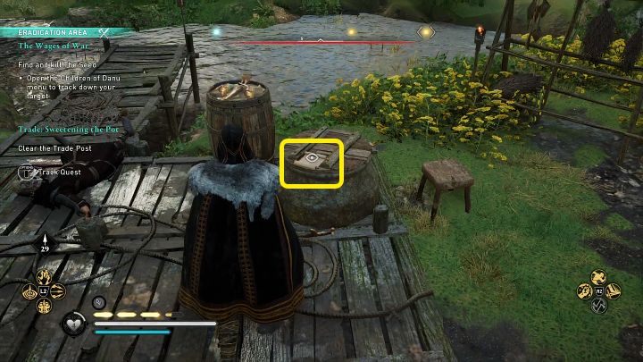 Po wyeliminowaniu kilku elitarnych przeciwników podejdźcie do miejsca widocznego na powyższym screenie - wskazówka leży na drewnianym weku od dzbana - AC Valhalla Gniew Druidów: Koleje wojny/The Wages of War - solucja - Assassins Creed Valhalla - poradnik do gry