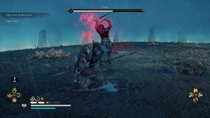 Ciara w swoim asortymencie ciosów posiada także nieblokowalne ataki, które sygnalizowane są czerwonym rozbłyskiem runy - tych koniecznie należy unikać - AC Valhalla Gniew Druidów: Cena zdrady/The Cost of Betrayal - solucja - Assassins Creed Valhalla - poradnik do gry