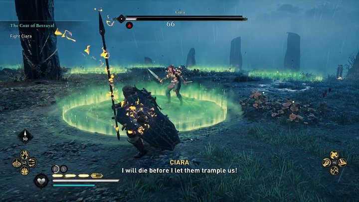 W pewnym momencie na obszarze areny zaczną pojawiać się zielone okręgi - gdy w nich staniecie, Eivor zacznie otrzymywać obrażenia - AC Valhalla Gniew Druidów: Jak pokonać ostatniego bossa Ciara? - Assassins Creed Valhalla - poradnik do gry