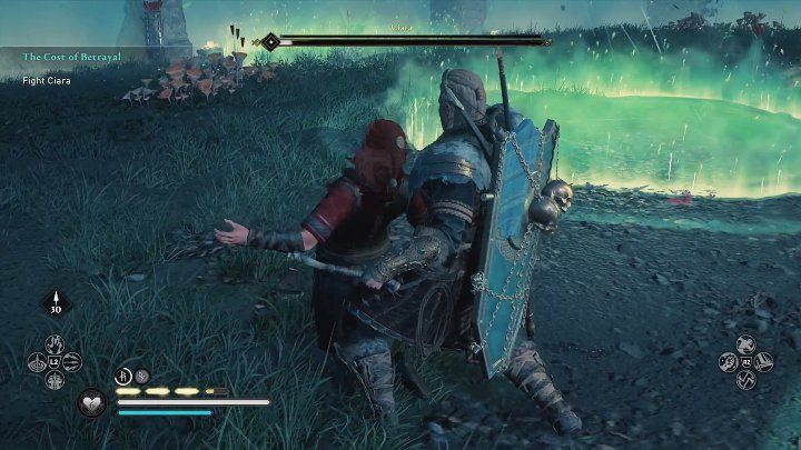 Gdy pozbawicie Ciarę większości zdrowia, kobieta upadnie na ziemię i będziecie mogli wykonać ogłuszający atak, który zakończy pojedynek - AC Valhalla Gniew Druidów: Jak pokonać ostatniego bossa Ciara? - Assassins Creed Valhalla - poradnik do gry