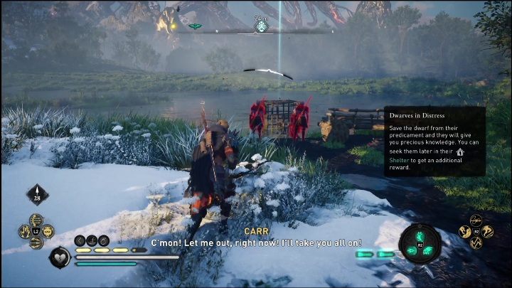 Waszym zadaniem jest wyeliminowanie 3 przeciwników, a następnie uwolnienie mężczyzny z klatki - AC Valhalla Świt Ragnaroku: Krasnolud w opałach (Vangrinn) - lista wszystkich - Assassins Creed Valhalla - poradnik do gry