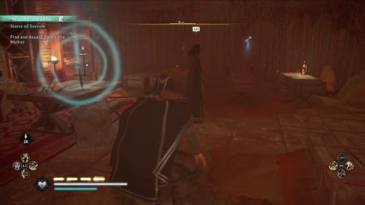 Podążając po krypcie zbierajcie wskazówki, są ona zaznaczone na niebiesko - to noże, plamy krwi i listy - AC Valhalla Oblężenie Paryża: Siostra smutku - solucja, opis przejścia - Assassins Creed Valhalla - poradnik do gry