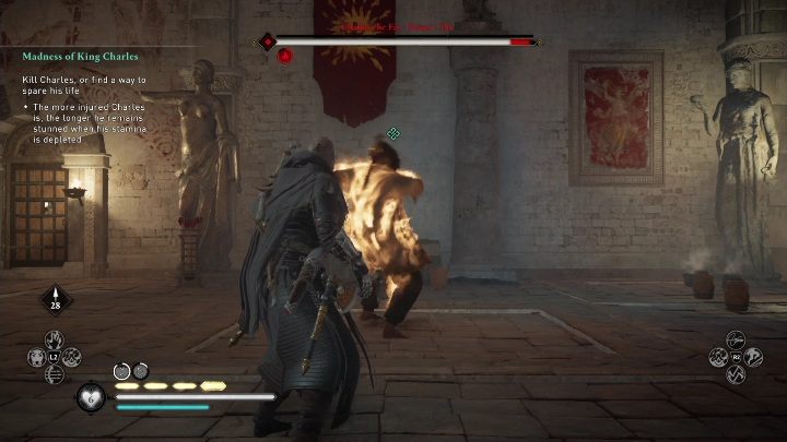 Oszołomionego przeciwnika musicie wciągnąć w ogień, to zabierze mu sporą ilość punktów życia - AC Valhalla Oblężenie Paryża: Obłęd króla Karola - solucja, opis przejścia - Assassins Creed Valhalla - poradnik do gry