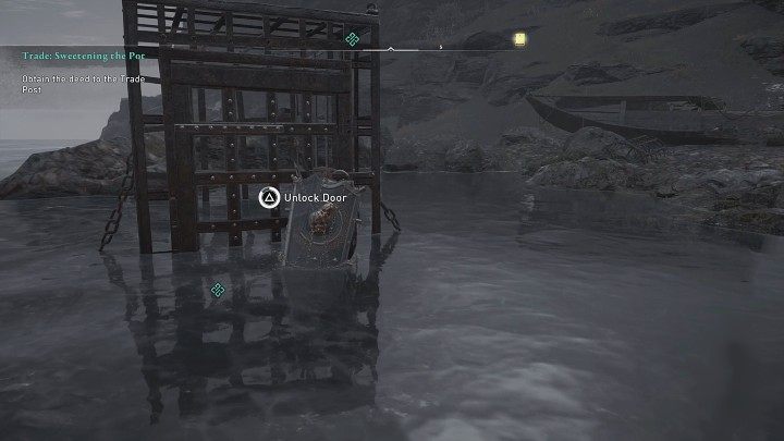 Wróćcie na brzeg i otwórzcie żelazną klatkę, a następnie zabierzcie dokument i wróćcie do placówki handlowej w Ardmel - AC Valhalla Gniew Druidów: Dzban ze słodkościami/Sweetening the Pot - solucja - Assassins Creed Valhalla - poradnik do gry