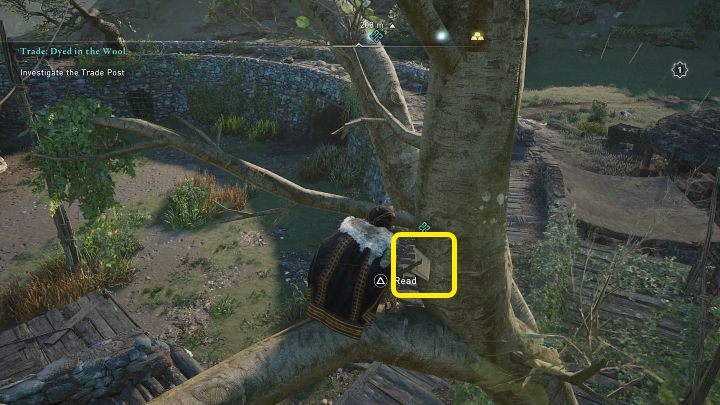 Po oczyszczeniu placówki handlowej przeczytajcie notatkę, która została przybita do drzewa, w miejscu zaznaczonym na powyższym obrazku - AC Valhalla Gniew Druidów: Barwy wełny/Dyed in the Wool - solucja - Assassins Creed Valhalla - poradnik do gry