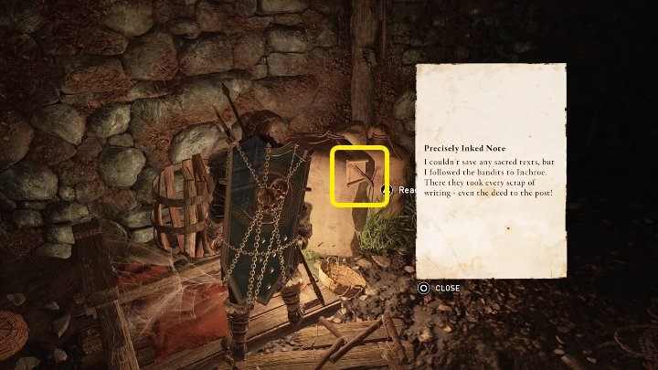 Po oczyszczeniu placówki handlowej przeczytajcie notatkę, która została przybita do worka w jednym z bocznych pomieszczeń, w miejscu zaznaczonym na powyższym obrazku - AC Valhalla Gniew Druidów: Dane słowo/Giving Your Words - solucja - Assassins Creed Valhalla - poradnik do gry