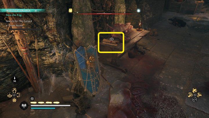 4 wskazówka: Kolejną wskazówkę znajdziecie na stole, zaraz obok martwych zwierząt - AC Valhalla Gniew Druidów: Dzieci Danu - lista, wszystkie wskazówki - Assassins Creed Valhalla - poradnik do gry