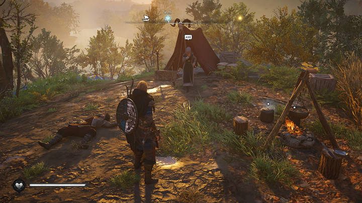 Gdy dotrzesz do obozu musisz położyć mężczyznę na ziemi, a następnie porozmawiać z kobietą, aby zakończyć to zadanie - Assassins Creed Valhalla: Niedola skalda/A Skalds Lament - solucja - Assassins Creed Valhalla - poradnik do gry