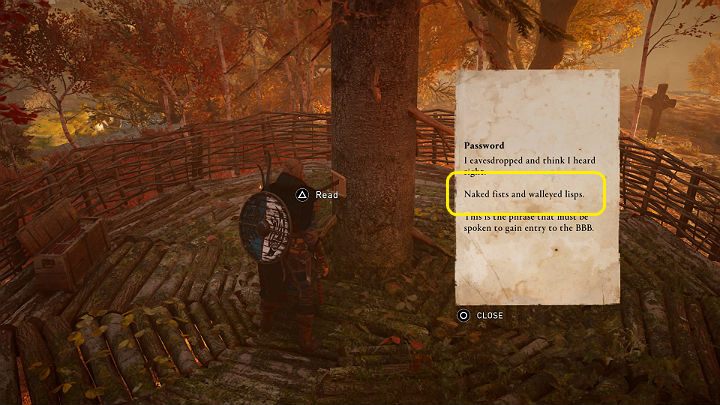 Do drzewa przybito kartkę papieru, a na niej napisano hasło, które utoruje Ci drogę do wnętrza krypty - Assassins Creed Valhalla: Klub Miłośników Pięściarstwa - solucja, opis przejścia - Assassins Creed Valhalla - poradnik do gry