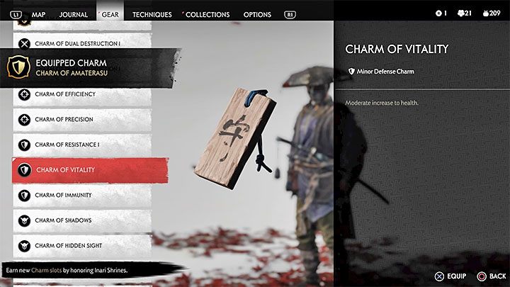 Mniejsze premie gwarantują talizmany (Charms), przy czym bohater docelowo będzie mógł mieć w tym samym czasie założonych nawet 6 talizmanów - Ghost of Tsushima: Leczenie, hart ducha - Ghost of Tsushima - poradnik do gry