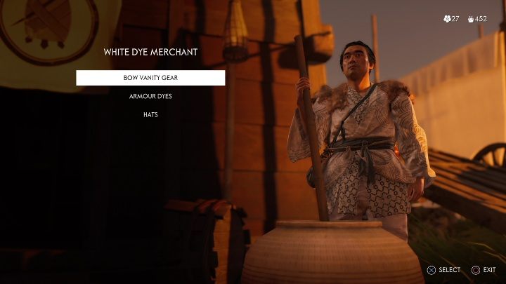 Możesz kupić u niego biały barwnik, do każdego rodzaju zbroi, nakryć głowy oraz do dłuiego łuku - Ghost of Tsushima: Handlarze, kupcy - Ghost of Tsushima - poradnik do gry