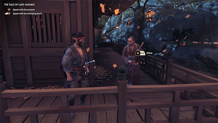 Po wkroczeniu na tereny Złotej Światyni zagadaj do jednego z NPC-ów żeby wskazane zostało miejsce pobytu mnicha Sogena - Ghost of Tsushima: Opowieść Pani Masako (The Tale of Lady Masako) solucja - Ghost of Tsushima - poradnik do gry