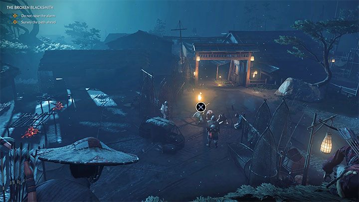 Począwszy od tego miejsca nie możesz przyczynić się do wszczęcia alarmu, bo doprowadzi to do zawalenia misji - Ghost of Tsushima: Pokonany kowal (The Broken Blacksmith) solucja - Ghost of Tsushima - poradnik do gry
