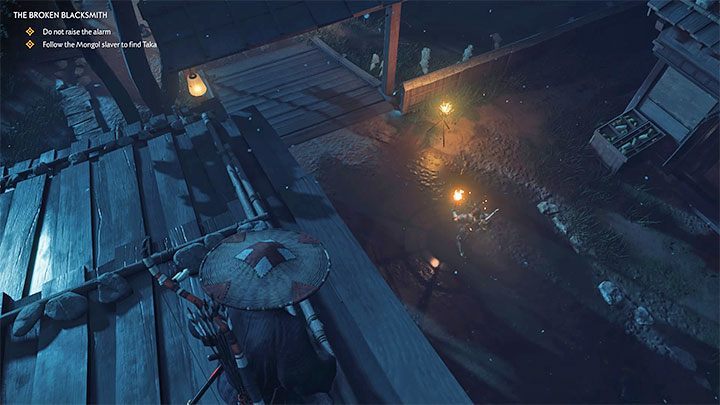 Musisz zacząć śledzić łowcę niewolników z pochodnią i tak samo jak w przypadku poprzedniego celu misji nie możesz doprowadzić do wszczęcia alarmu - Ghost of Tsushima: Pokonany kowal (The Broken Blacksmith) solucja - Ghost of Tsushima - poradnik do gry