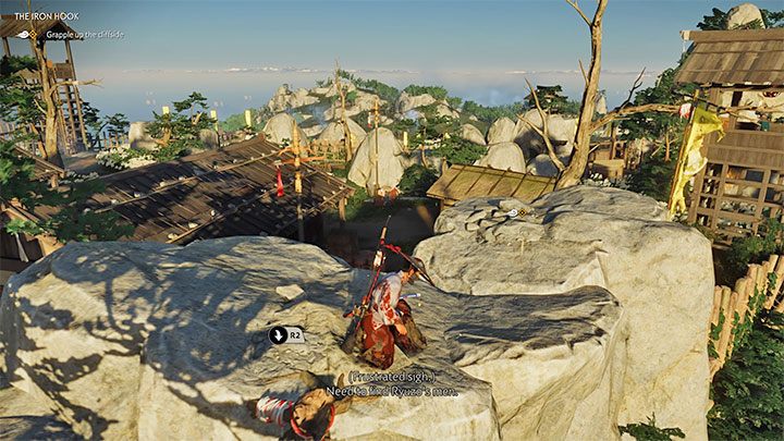 Kontynuuj korzystanie z liny z hakiem aż Jin dotrze do punktu widokowego, z którego widać dużą część Fortu Yatate - Ghost of Tsushima: Żelazny hak (The Iron Hook) solucja, opis przejścia - Ghost of Tsushima - poradnik do gry