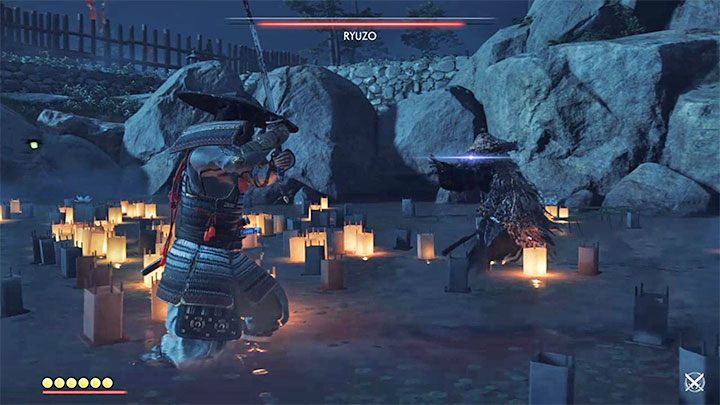 Niebieskie ataki bossa można parować, ale tylko jeśli zakupiłeś umiejętność Nieustępliwe parowanie miecza (Unyielding Sword Parry) z drzewka Parowanie (Delection) - Ghost of Tsushima: Cień samuraja (Shadow of the Samurai) solucja, opis przejścia - Ghost of Tsushima - poradnik do gry