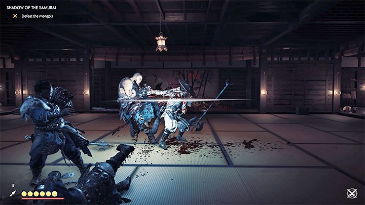 Tuż po wejściu do budynku załączy się prowokacja (stand-off) - postaraj się bezbłędnie zabić 1jednego ub kilku wrogów (jeśli zakupiłeś umiejętności ulepszające prowokację) - Ghost of Tsushima: Cień samuraja (Shadow of the Samurai) solucja, opis przejścia - Ghost of Tsushima - poradnik do gry