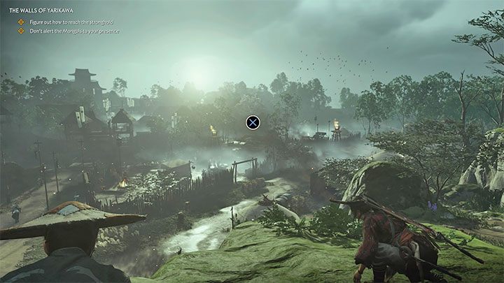 Po dotarciu do wzgórza sąsiadującego z twierdzą czeka cię rekonesans i odbywa się on na takich samych zasadach, jak w poprzednich questach - musisz odnajdywać interaktywne obszary i sprawdzać je wciskając X - Ghost of Tsushima: Mury Yarikawy (The Walls of Yarikawa) solucja, opis przejścia - Ghost of Tsushima - poradnik do gry