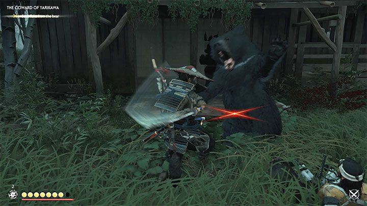 Ślady stóp doprowadzą cię do chatki i przy próbie zbliżenia się do niej ze środka wybiegnie niedźwiedź - Ghost of Tsushima: Tchórz Yarikawy (The Coward of Yarikawa) solucja - Ghost of Tsushima - poradnik do gry