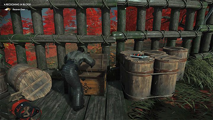 To bardzo prosty cel misji - cały ekwipunek Jina składowany jest w skrzyni z powyższego obrazka - Ghost of Tsushima: Krwawy sąd (A Reckoning in Blood) solucja, opis przejścia - Ghost of Tsushima - poradnik do gry