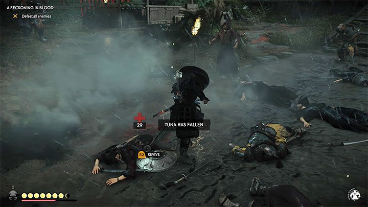 W trakcie walk dopasowuj postawę do typów atakowanych przeciwników, w szczególności tych większych (Brutes), do których idealnie pasuje postawa księżyca - Ghost of Tsushima: Krwawy sąd (A Reckoning in Blood) solucja, opis przejścia - Ghost of Tsushima - poradnik do gry