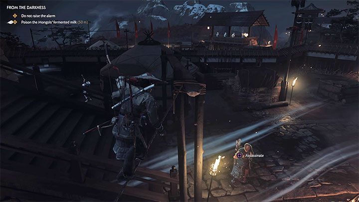 W nowej lokacji wdrap się na namiot i skorzystaj z kolejnej okazji do przejścia po linie - Ghost of Tsushima: Z ciemności (From the Darkness) solucja, opis przejścia - Ghost of Tsushima - poradnik do gry