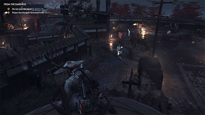 Po dotarciu do ostatniego namiotu rozważ zaczekanie na przybycie pojedynczego wartownika z powyższego obrazka i zeskoczenie na niego żeby się go łatwo pozbyć - Ghost of Tsushima: Z ciemności (From the Darkness) solucja, opis przejścia - Ghost of Tsushima - poradnik do gry