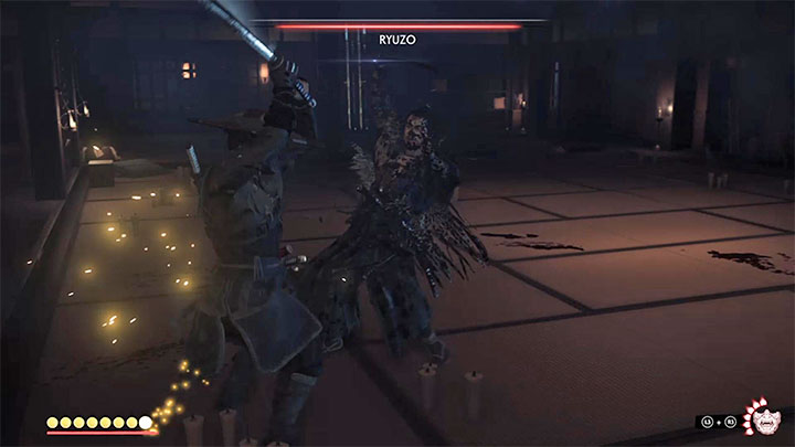 Możesz odbierać Ryuzo niewielkie ilości punktów zdrowia wyprowadzając 2-3 ataki po każdym udanym parowaniu - Ghost of Tsushima: Z ciemności (From the Darkness) solucja, opis przejścia - Ghost of Tsushima - poradnik do gry