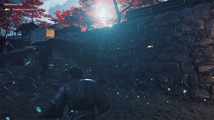 Kieruj się w stronę dziury w murze oznaczonej żółtą ikoną - Ghost of Tsushima: Honor i popiół (Honor and Ash) solucja, opis przejścia - Ghost of Tsushima - poradnik do gry