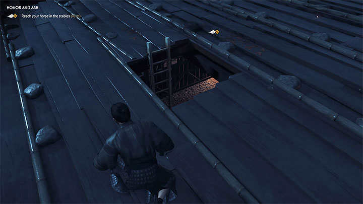 Do stajni dostań się wskakując przez dziurę w dachu - Ghost of Tsushima: Honor i popiół (Honor and Ash) solucja, opis przejścia - Ghost of Tsushima - poradnik do gry