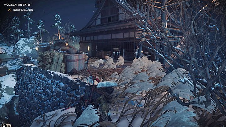 Przy ścianie klifu znajdziesz 2 kolejne zaczepy - doskakuj do nich po kolei i nie zapominaj o tym żeby rozbujać się na linie przed każdym skokiem - Ghost of Tsushima: Wilki u bram (Wolves at the Gates) solucja, opis przejścia - Ghost of Tsushima - poradnik do gry