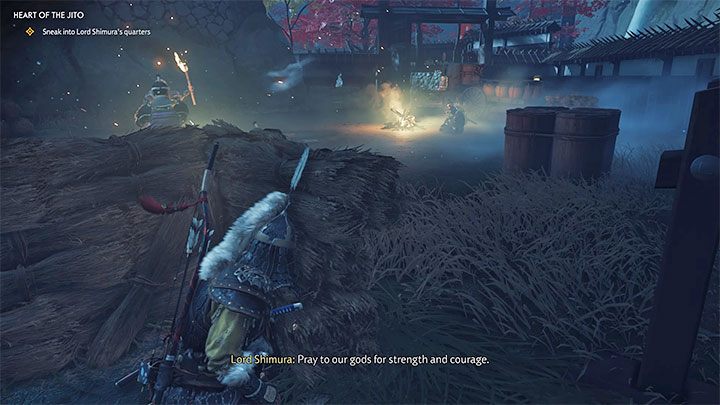 Od tego miejsca staraj się częściej używać skupionego słyszenia, bo będziesz przekradał się w mniejszej odległości od wartowników - Ghost of Tsushima: Serce Jito (Heart of the Jito) solucja, opis przejścia - Ghost of Tsushima - poradnik do gry