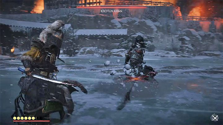 Innym czerwonym atakiem bossa jest ten, która rozpoczyna się od zwykłego zamachnięcia - Ghost of Tsushima: Wiecznie błękitne niebo (Eternal Blue Sky) solucja - Ghost of Tsushima - poradnik do gry