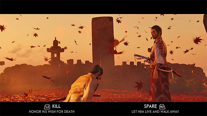 Gra zaoferuje dwa warianty zachowania - możesz zabić Shimurę wciskając L2 lub oszczędzić Shimurę wciskając R2 - Ghost of Tsushima: Opowieść Pana Shimury (The Tale of Lord Shimura) solucja - Ghost of Tsushima - poradnik do gry