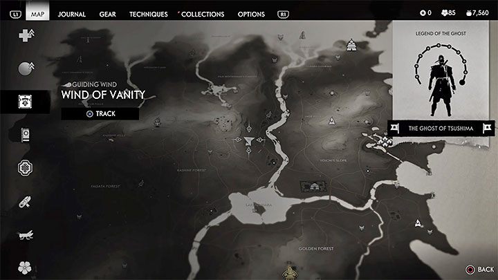 Na ekranie mapy świata możesz wcisnąć prawy kierunek na krzyżaku pada po to żeby wybrać interesującą cię kategorię sekretów - Ghost of Tsushima: Jak łatwiej odnajdywać sekrety i przewodni wiatr? - Ghost of Tsushima - poradnik do gry