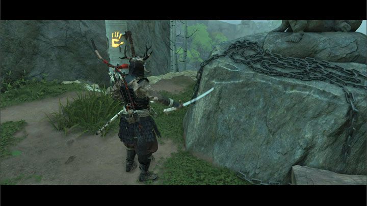 2) Wysunięcie katany bohatera z pokrowca - Dokonuje się tego poprzez przesunięcie palcem w prawo na dotykowym panelu kontrolera PS4 lub PS5 - Ghost of Tsushima Iki Island: Kapliczka Popiołów (Shrine of Ash) - Ghost of Tsushima - poradnik do gry