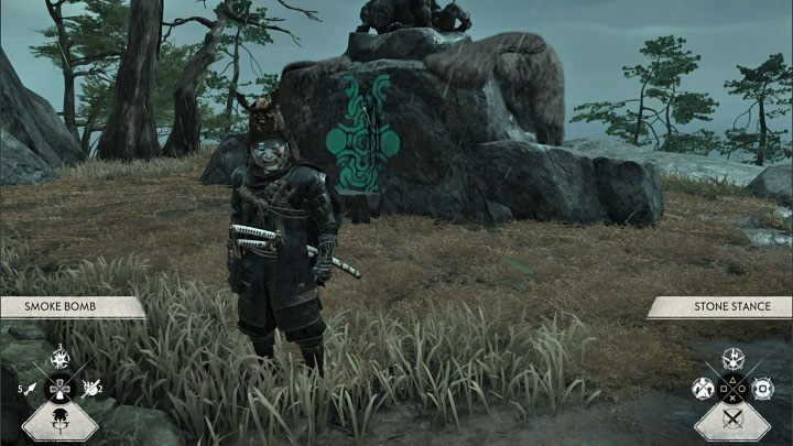 2) Rzucenie bombą dymną (Smoke Bomb) - Bomby dymne możecie wybierać z inwentarza przytrzymując R2 i wciskając dolny kierunek na krzyżaku pada - Ghost of Tsushima Iki Island: Kapliczka w Cieniu (Shrine in Shadow) - Ghost of Tsushima - poradnik do gry