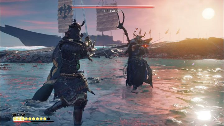 Orlica walcząc mieczem wykonuje serie szybkich ataków, przy czym mogą one być atakami zwykłymi, niebieskimi lub czerwonymi - Ghost of Tsushima Iki Island: Błogosławieństwo śmierci - solucja, opis przejścia - Ghost of Tsushima - poradnik do gry