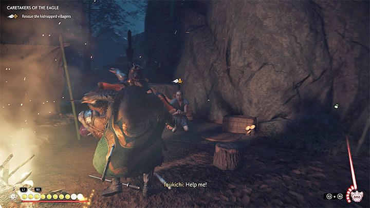 Kolejną osobą do uratowania jest Toukichi i jest to bardzo proste - zakradnijcie się od tyłu do pilnującego go Mongoła i wbijcie mu ostrze w plecy - Ghost of Tsushima Iki Island: Opiekunowie Orlicy - solucja, opis przejścia - Ghost of Tsushima - poradnik do gry