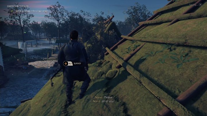 Po rozmowie z mnichem i jego bratem musisz wspiąć się na dach i obserwować stamtąd okolicę - Ghost of Tsushima: Duchy we mgle solucja - Ghost of Tsushima - poradnik do gry