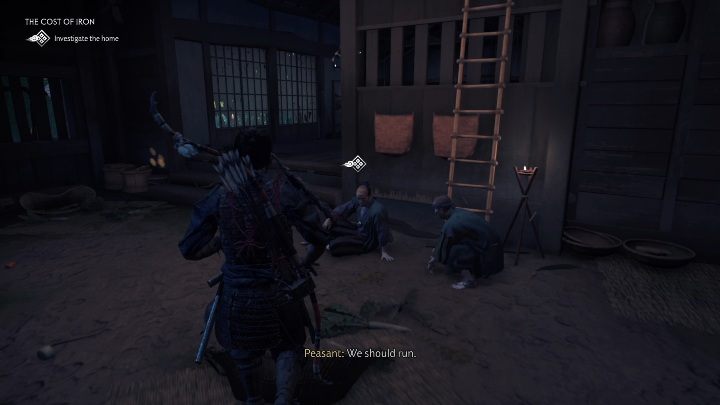 Po dotarciu na miejsce rozpoczęcia zadania wejdź do domu i porozmawiaj z dwoma mężczyznami - Ghost of Tsushima: Cena żelaza (The Cost of Iron) solucja - Ghost of Tsushima - poradnik do gry